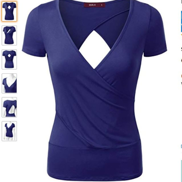 Deep V Neck Open Back Wrap T Shirt Royal Blue S/P - Picture 2 of 8